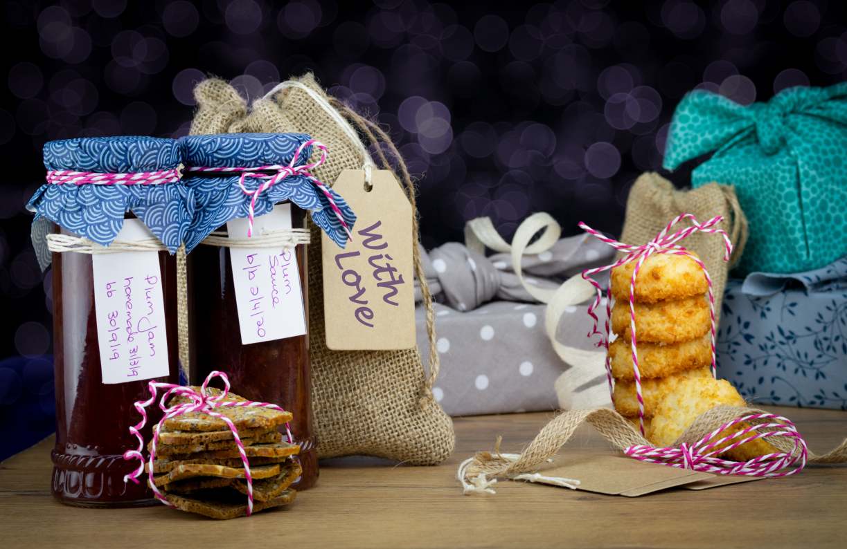 Hand-made food gifts presented in environmentally sensitive decorations.